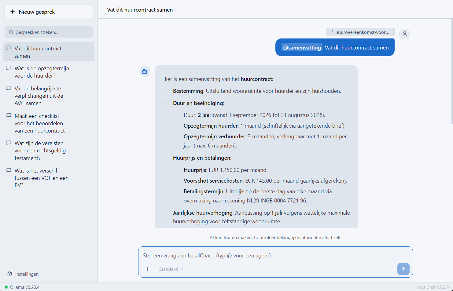 Een gestructureerde samenvatting van een huurcontract door de agent samenvatting