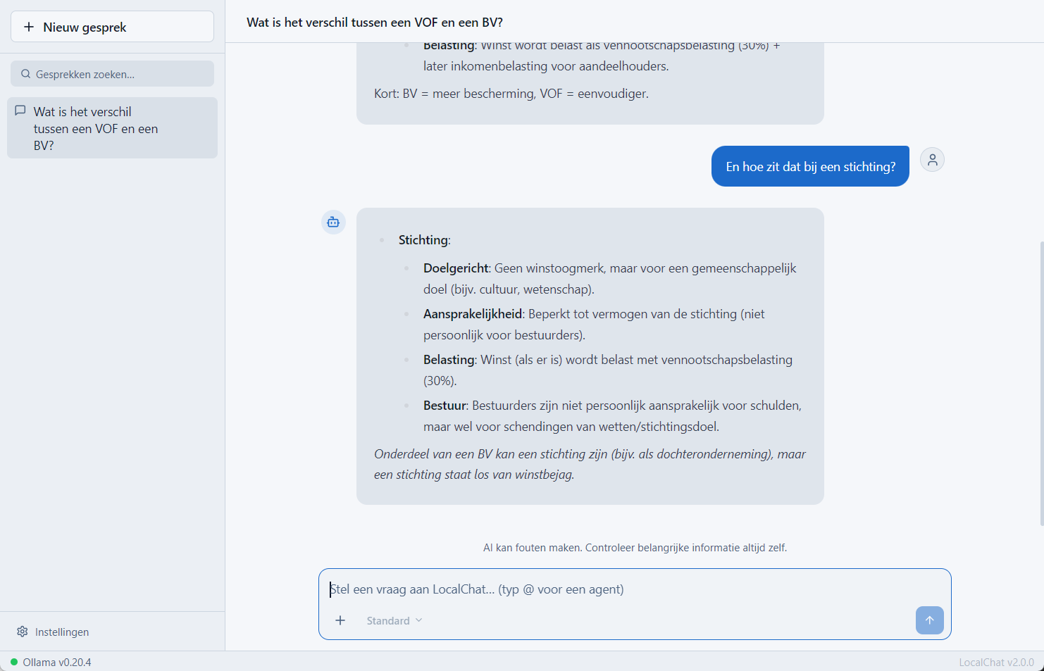 Een vervolgvraag binnen hetzelfde gesprek, met daarboven het vorige antwoord