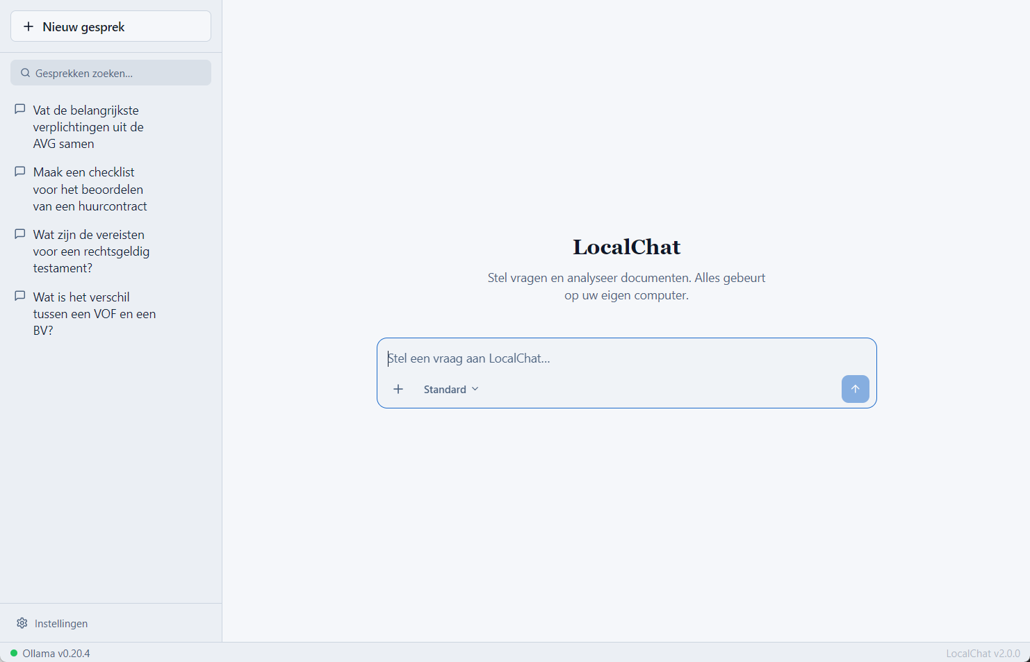 Het hoofdscherm van LocalChat met zes genummerde onderdelen