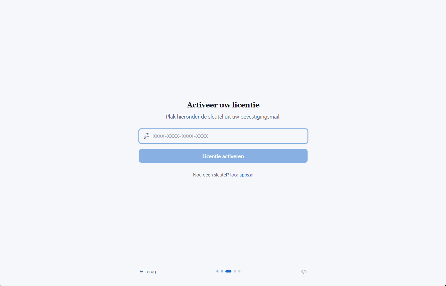 Het scherm waarin je de licentiesleutel invoert